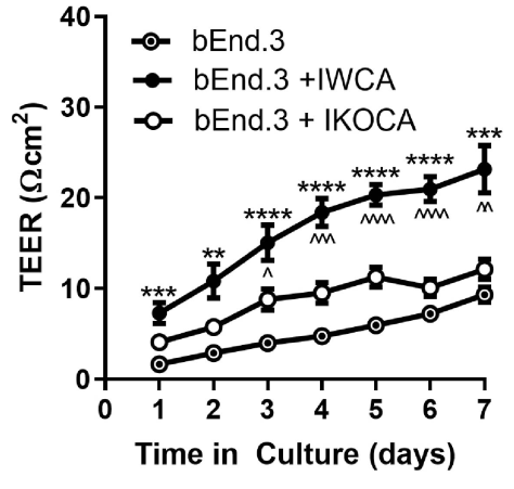 Transwell 电阻 (TEER) 在单独的 bEnd.3 内皮细胞和与永生化 WT (IWCA) 和 Cx43-null (IKOCA) 皮质星形胶质细胞的共培养中测量图
